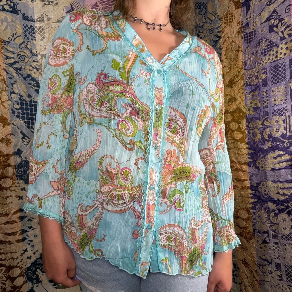 Semi Sheer Blue Fairycore Whimsy Lace Trim Paisley 3/4 Sleeve Button Up Top L